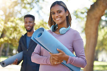 Image showing Fitness, woman and portrait smile for yoga, spiritual wellness or healthy exercise in the nature outdoors. Happy female yogi smiling with mat for calm zen training, practice or workout class at park