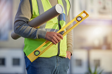 Image showing Man hands, level and architect blueprint, real estate developer or property contractor for building development. Civil engineering, architecture or construction worker with infrastructure floor plan