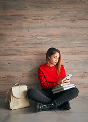 Image showing Education, college and a woman with a phone for social media, communication and school app. Contact, books and a student typing on mobile for internet, learning and scholarship research at university