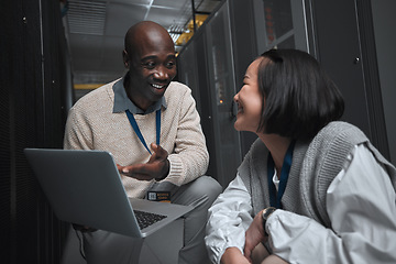 Image showing Laptop, server room or technician people for teamwork, problem solving or database management system upgrade. Cybersecurity, data center or engineer employees for information technology or programmer