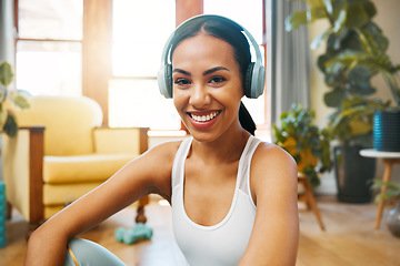 Image showing Fitness, headphones or portrait of happy girl in yoga for body flexibility, wellness or healthy lifestyle. Smile, music or zen woman ready for exercise, workout or training in house exercising studio