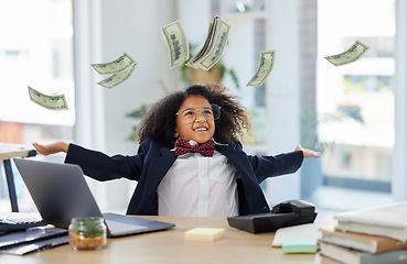 Image showing Laptop, winner and child throw money for achievement, victory and online winning at home. Success, business mockup and young girl on computer celebrate, happy and excited for payment, bonus and goal