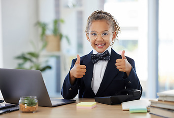 Image showing Success, winner and child with thumbs up on laptop for achievement, victory and office results. Business, education and young girl on computer with hand gesture smile, happy and excited for goals