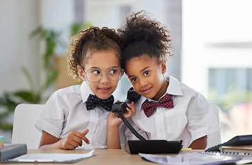 Image showing Phone call, office and children dressed as employees for play time, acting and pretending. Happy, business and girl kids with a telephone, eavesdropping and listening to a conversation while playing