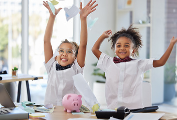 Image showing School, holiday and children celebrating in a classroom for a vacation break feeling happy and excited throwing papers in the air. Education, business and happiness by young kids or girls winning