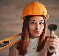 Image showing Engineer, business woman and portrait of a property management worker with construction tools. Safety helmet, pout and engineering gear for a home renovation project with a happy female employee