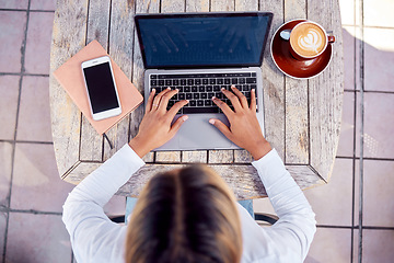 Image showing Hands, laptop and woman from above with coffee, freelance writer typing with online remote work in cafe. Freelancer, blogger or content creator writing social media post, email or research article.