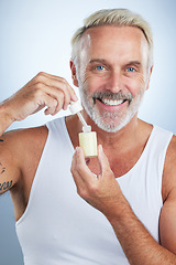 Image showing Beauty, skincare and serum with portrait of man in studio for anti aging, cosmetics and spa treatment. Product, facial and vitamin c with senior model on gray background for wrinkles, retinol and oil