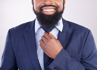 Image showing Corporate, black man and fixing tie in studio for business fashion, manager and professional clothes in leadership. Closeup, happy executive and male model in suit for CEO, confidence and happiness