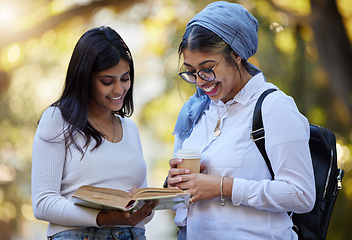 Image showing Happy, reading or university friends in park on campus for learning, education or future goals together. Smile, Muslim or students relaxing with school books meeting to research or college knowledge