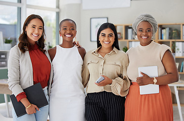 Image showing Team, diversity and business people, happy in portrait and meeting with collaboration and solidarity. Female group, confidence and women employees, working together and support with trust in office