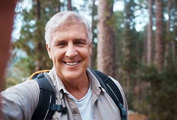 Image showing Selfie portrait, forest and senior man hiking, fitness and outdoor health with happy blog update for social media. Nature, travel and trekking of mature person in woods with profile picture post