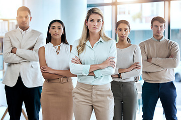 Image showing Office, portrait and corporate team with crossed arms for confidence, collaboration and leadership. Diversity, staff and serious business people in collaboration standing together in the workplace.