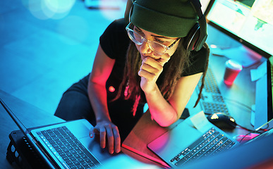 Image showing Laptop, woman and hacker thinking with music and programming for cybersecurity. Neon top view, headphones and coder reading information for hacking while streaming radio on dark web at night in home.