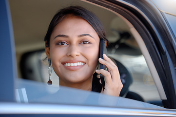 Image showing Travel, phone call and woman in car, happiness and communication on journey, smile and relax. Female traveler, happy girl and commuter with smartphone, connection and talking in vehicle and transport