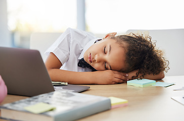 Image showing Little girl, sleeping and desk in office with burnout from game, playing and learning in startup. Kid, boss and games in workplace with sleep, fatigue and overworked at table for rest, quiet or peace