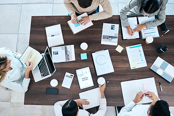 Image showing Business people, meeting and planning above with marketing strategy, project report and sticky note brainstorming. Professional employees and teamwork with documents, laptop and notebook for ideas