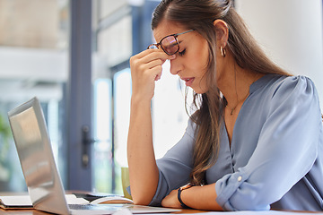 Image showing Stress, problem and business woman with headache, anxiety or workload pressure in office. Burnout, pain and financial advisor suffering migraine, ache or anxious while checking tax documents deadline