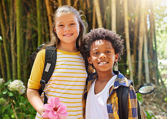 Image showing Summer camp, portrait or happy kids in park together for fun break, bonding or playing in outdoors. Smile, diversity or young best friends smiling or embracing on school outing trip outside in nature