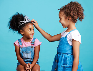 Image showing Princess crown, happy friends and children in studio with a fantasy game with happiness, Isolated, blue background and dress up of a little girl and child friend with a smile of siblings and kids