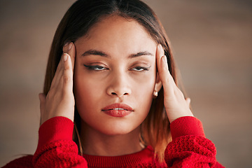 Image showing Headache, annoyed and business woman face feeling bored and frustrated from work. Employee, young female and migraine of a worker with a head massage and eye roll with blurred background and stress