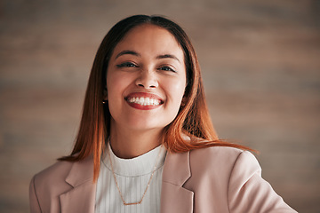 Image showing Business woman, happy smile and portrait of an employee with happiness and joy ready for work. Corporate, young female and lawyer worker feeling proud, joy and confident from law firm and company job