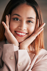 Image showing Business woman, face closeup and smile portrait of an employee with happiness and joy for work. Corporate, young female and lawyer worker feeling happy and confident from law firm and company vision