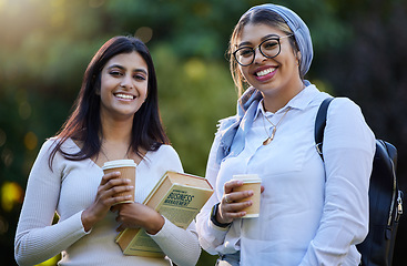 Image showing Happy, portrait or university friends in park on campus for learning, education or future goals together. Smile, Muslim or students relaxing with school books meeting to research or college knowledge