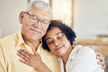 Image showing Elderly love, relax and couple hug, care and enjoy quality bonding time on home living room sofa. Retirement peace, marriage support or romantic senior husband, wife or calm people together in Brazil