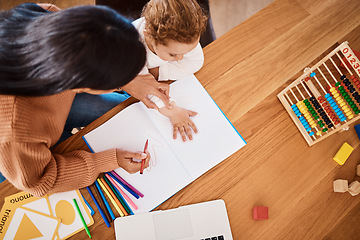 Image showing Learning, top view and mother with kid drawing in book in family home for studying, homework or homeschool help. Creative development, art and boy with mom teaching him art for education child growth