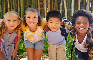 Image showing Portrait, friends and kids standing in a line together outdoor, feeling happy while having fun or playing. Diversity, school and smile with children in a row, posing arm around outdoor in a park