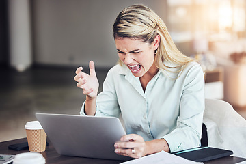 Image showing Woman, laptop and error with shout in office for anger, frustrated and problem with website ui. Businesswoman, computer and screaming with angry face, stress and 404 glitch on internet in workplace