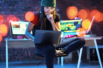 Image showing Woman hacker, night and thinking with laptop for glitch, coding and data analysis for information technology. IT code expert, dark web and cyber crime with computer for problem solving on internet