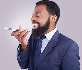 Image showing Phone, voice message and man in white background, studio and talking for business contact. Happy corporate, black male and mobile recording for communication on smartphone, audio chat and mic speech