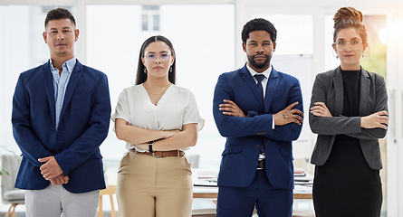 Image showing Business people, portrait and serious team with arms crossed in confidence for leadership at the office. Diversity, men and women in corporate management, teamwork or company mission at the workplace