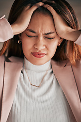 Image showing Headache, pain and business woman face feeling stress and frustrated from work. Employee, young female and migraine of a tired worker with a mental health problem and company burnout in a office