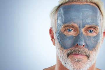 Image showing Face mask, skincare and facial with man in studio and mockup for cleansing, detox and spa. Cosmetics, treatment and dermatology with senior model on gray background for anti aging, product or natural