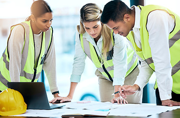 Image showing Architect, team and meeting in blueprint planning for construction, architecture or project collaboration. Group of contractors discussing floor plan or teamwork strategy for industrial architecture