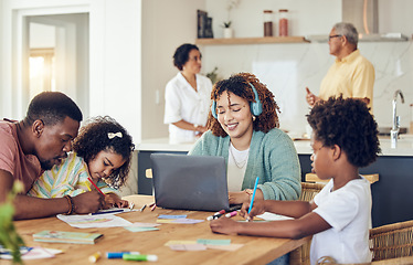 Image showing Family, education and work from home support, children writing and drawing with parents working on laptop. Biracial people, mother and father helping with remote job, teaching kids and language talk