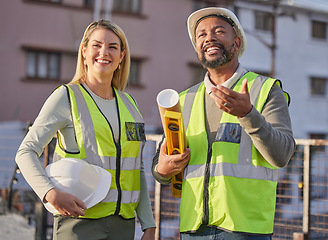 Image showing Engineer, employees and discussion for teamwork, building and happiness for real estate. Architecture, male inspector and female supervisor with plan, inspection and hard hat with construction site