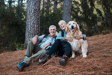 Image showing Smile, hiking and old couple with dog sitting on forest floor in Australia on retirement holiday adventure. Travel, senior man and woman relax together on nature walk with love, Labrador and health.