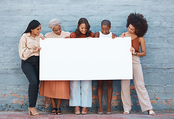 Image showing Women, diversity and poster with space outdoor for billboard, mockup or advertising on board. Strong entrepreneur female group together with banner, paper or blank sign for announcement or voice