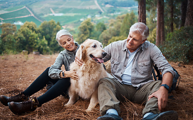 Image showing Dog petting, hiking and a couple in nature for travel, relaxation and break on a mountain. Happy, relax and an elderly man and woman with an animal on a walk in the mountains and resting together