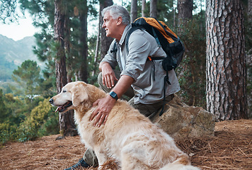 Image showing Senior man, hiking and dog outdoor in nature for exercise, fitness and trekking for health and wellness. Old male thinking with animal pet on hike in forest for workout and cardio with backpack