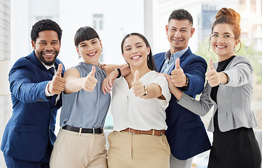 Image showing Business people, portrait and thumbs up for winning, good job or team success together at the office. Group of happy employee workers showing thumb emoji with smile for yes sign or like in agreement