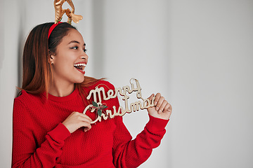 Image showing Holiday, christmas sign and woman with mockup holding wood signs with white background and happiness. Wow, excited and isolated female with celebration and a smile from winter celebrating and youth