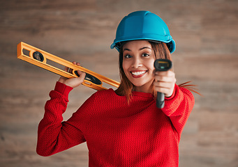 Image showing Construction, business woman and portrait of a property management worker with engineer tools. Safety helmet, smile and engineering stud detector for a home renovation project with a female employee