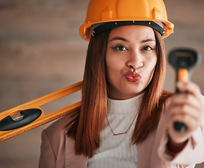 Image showing Engineer pout, business woman and portrait of a property management worker with construction tools. Safety helmet and stud detector for a home renovation project with happy and silly female employee