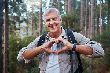 Image showing Portrait, heart and senior man in forest hiking, fitness and health support, self care hands and cardiovascular workout. Nature, travel or trekking of happy person in woods with love sign or emoji