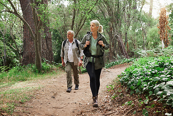 Image showing Nature, forest and senior couple hiking for health, wellness and cardio exercise outdoor. Travel, trail adventure and elderly man and woman in retirement trekking in the woods for a hobby or workout.